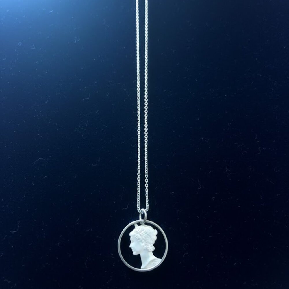 Vintage Hand Cut Mercury Dime Pendant Necklace Sterling Silver NV 925 Chain 10"